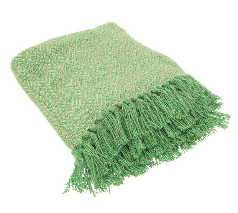 Sass & Belle Green Herringbone Blanket Throw Warm Bedspread Chair Home Cotton