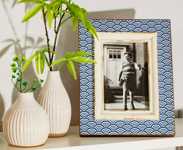 Sass & Belle Ceramic Blue Photo Sashiko Pattern Photo Frame Home Picture Decor