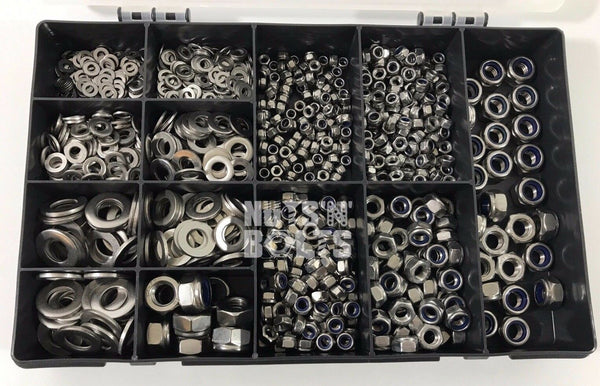 1285 ASSORTED PIECE A2 STAINLESS M4 M5 M6 M8 M10 M12 NYLOC NUTS FLAT WASHERS KIT