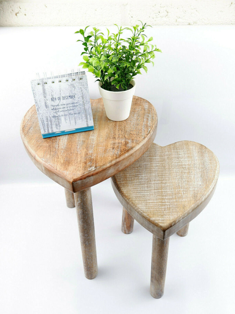 Sass & Belle Set of 2 Heart Wooden Stool Table Living Room Bedroom Rustic Gift