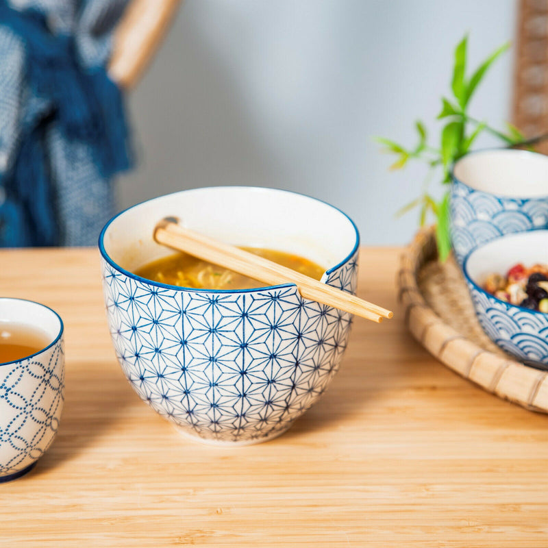 Sass & Belle Blue Pattern Sashiko Noodle Bowl with Chopsticks Takeaway Dining