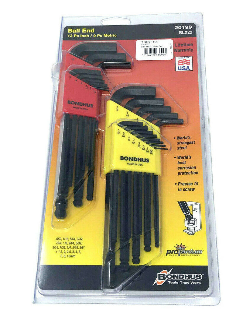 BONDHUS BLX22 20199 13 PIECE INCH / 9 PIECE METRIC BALL ENDED ALLEN HEX KEY SET