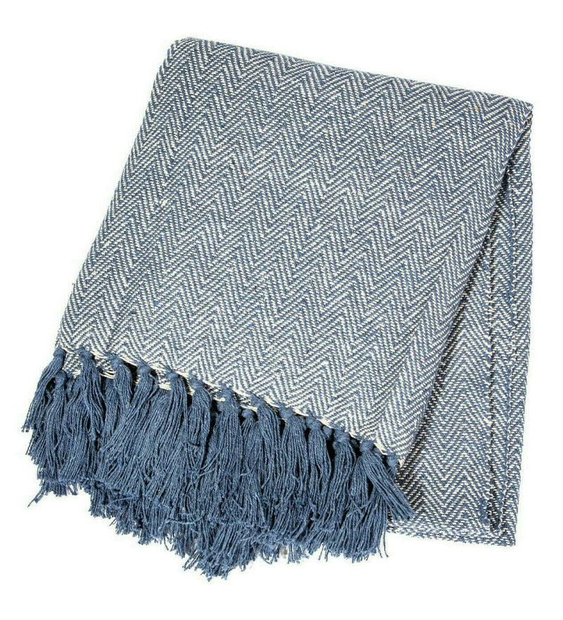 Sass & Belle Blue Herringbone Blanket Throw Warm Bedspread Chair Home Cotton