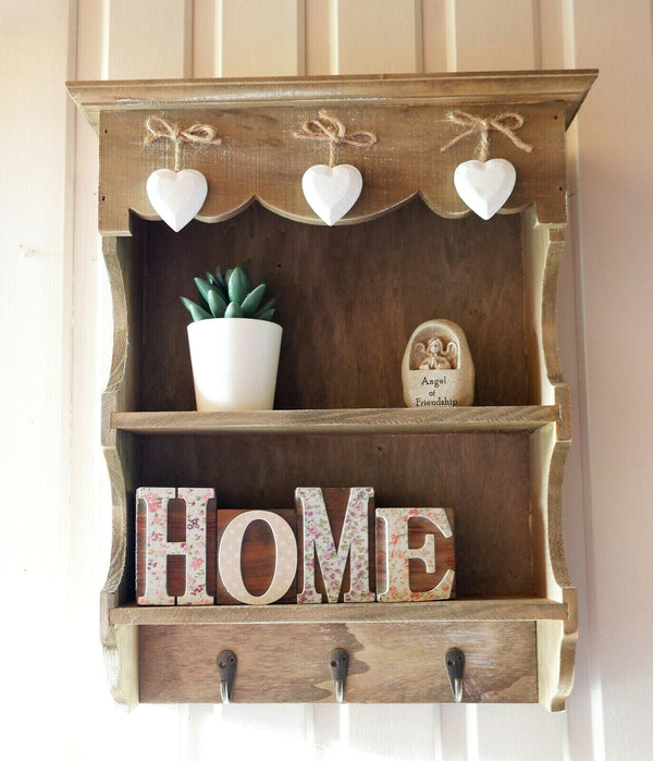 Chic Shabby Ashley Farmhouse Small Wall Display Unit Rustic Key Hooks Heart