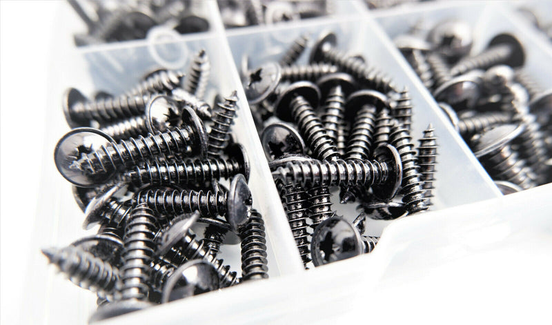 Set of 215 Assorted No.4 6 8 & 10 Black Flange Pozi Pan Self Tapping Screws