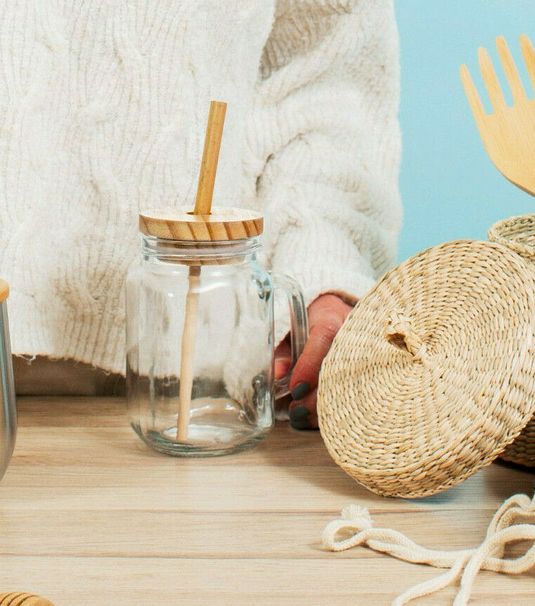 Sass & Belle Glass Mason Jar & Bamboo Straw and Wooden Lid Drinking Jars