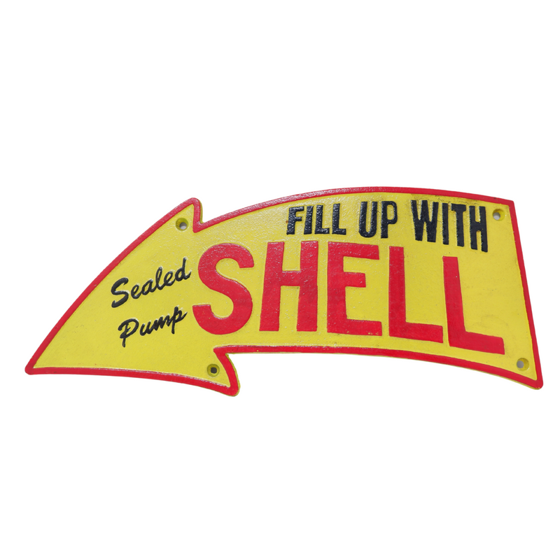 Cast Iron Fill Up With Shell Curved Arrow Sign Wall Plaque Garage Petrol Logo