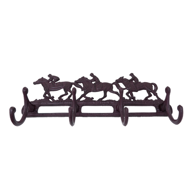 Cast Iron Race Horse & Jockey Coat Key Wall Rack  4 Hooks Pegs Stable Wall House