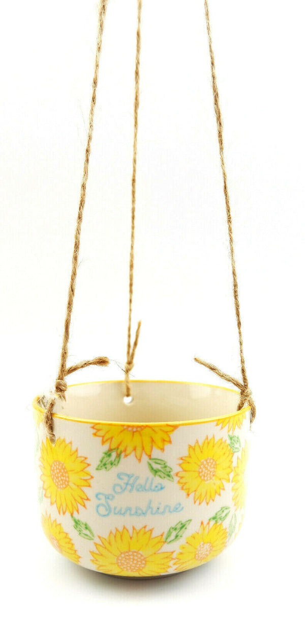Sunflower Mum Hello Sunshine Hanging Planter Ceramic Pot Jute String 12x9cm