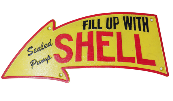 Cast Iron Fill Up With Shell Curved Arrow Sign Wall Plaque Garage Petrol Logo