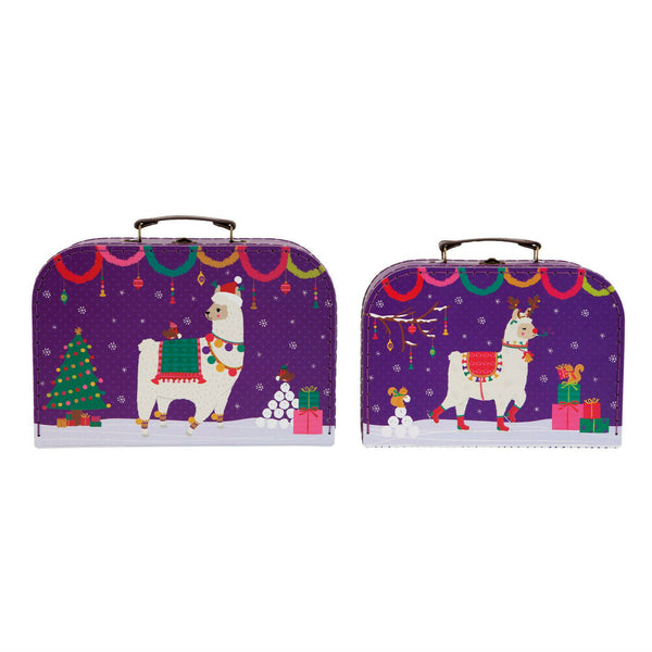 Set 2 Christmas Theme Fa La La Llama Vintage Retro Kids Suitcase Storage Boxes