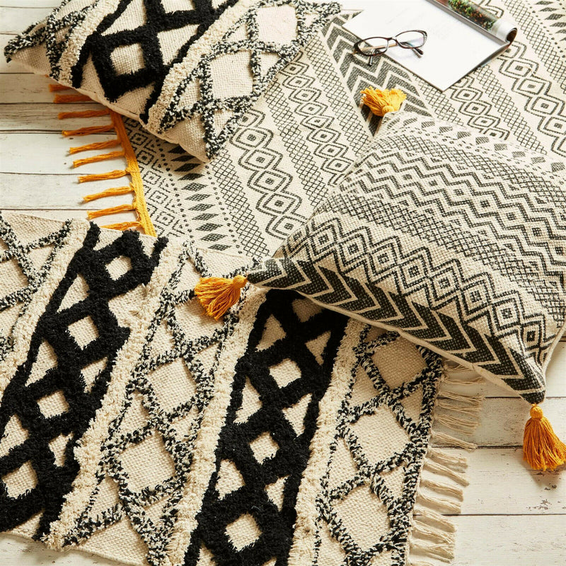 Sass & Belle Scandi Boho Geo Mustard Tassels Cotton Cushion Cover Home Decor