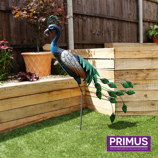 Primus Standing Peacock Hand Crafted Metal Garden Bird Ornament Sculpture PQ1505
