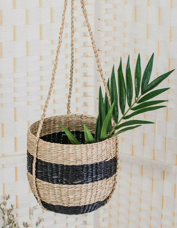 Sass and Belle Scandi Boho Black Stripe Seagrass Hanging Planter Gift Plant Home