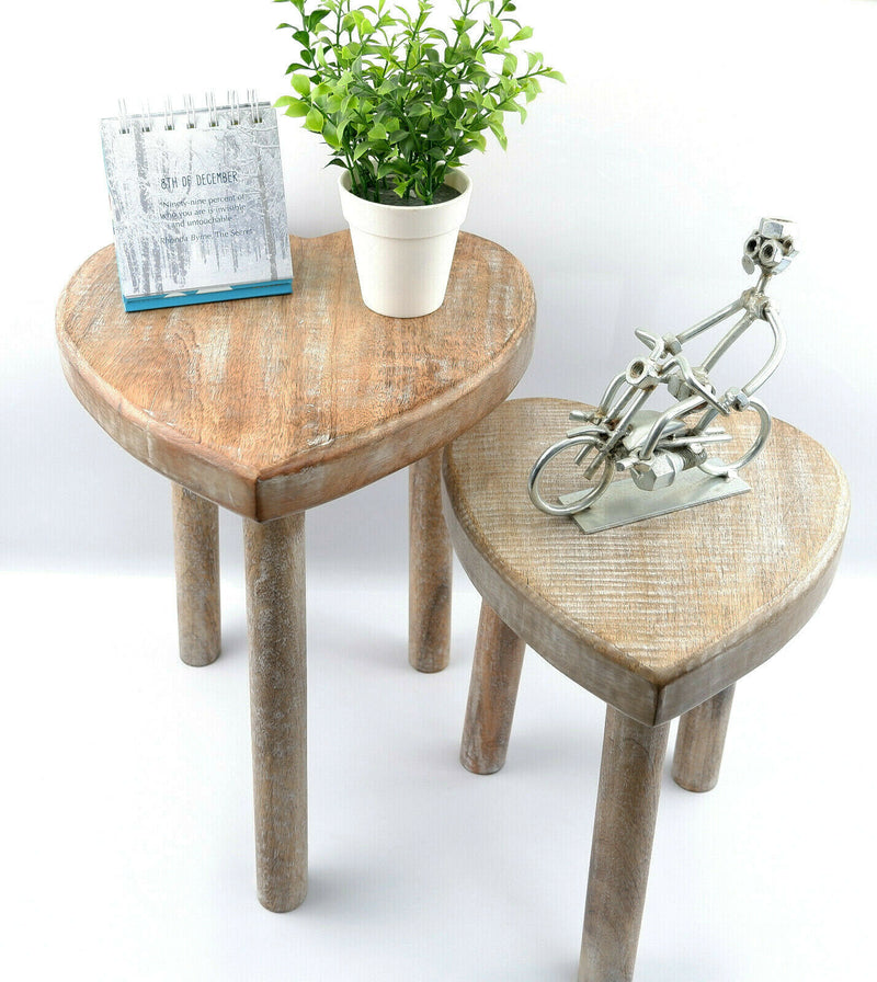 Sass & Belle Set of 2 Heart Wooden Stool Table Living Room Bedroom Rustic Gift