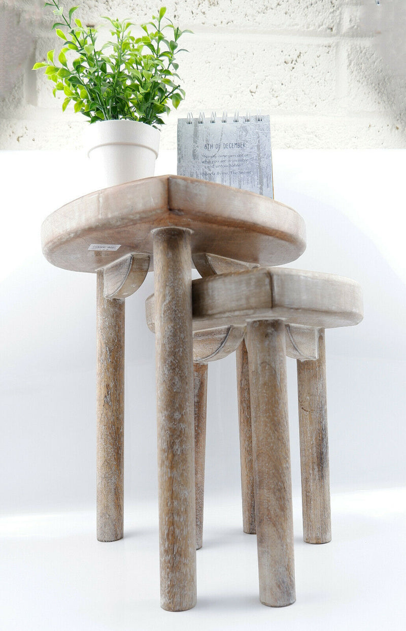 Sass & Belle Set of 2 Heart Wooden Stool Table Living Room Bedroom Rustic Gift