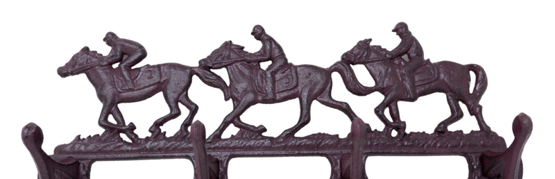 Cast Iron Race Horse & Jockey Coat Key Wall Rack  4 Hooks Pegs Stable Wall House