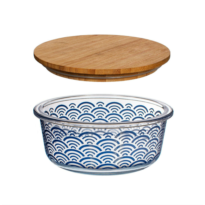 Sass & Belle Sashiko Blue Wave Glass Container With Bamboo Lid Lunch Leftovers