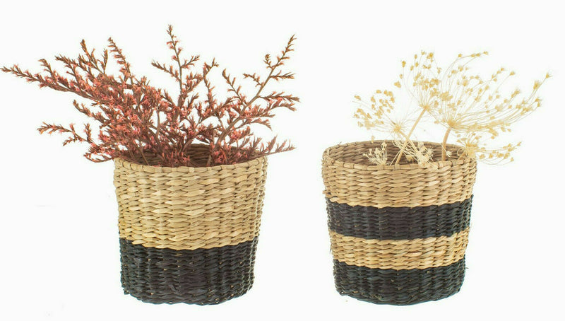 Sass & Belle Mini Black Seagrass Planters - Set of 2 Small Pots Plant Home Decor