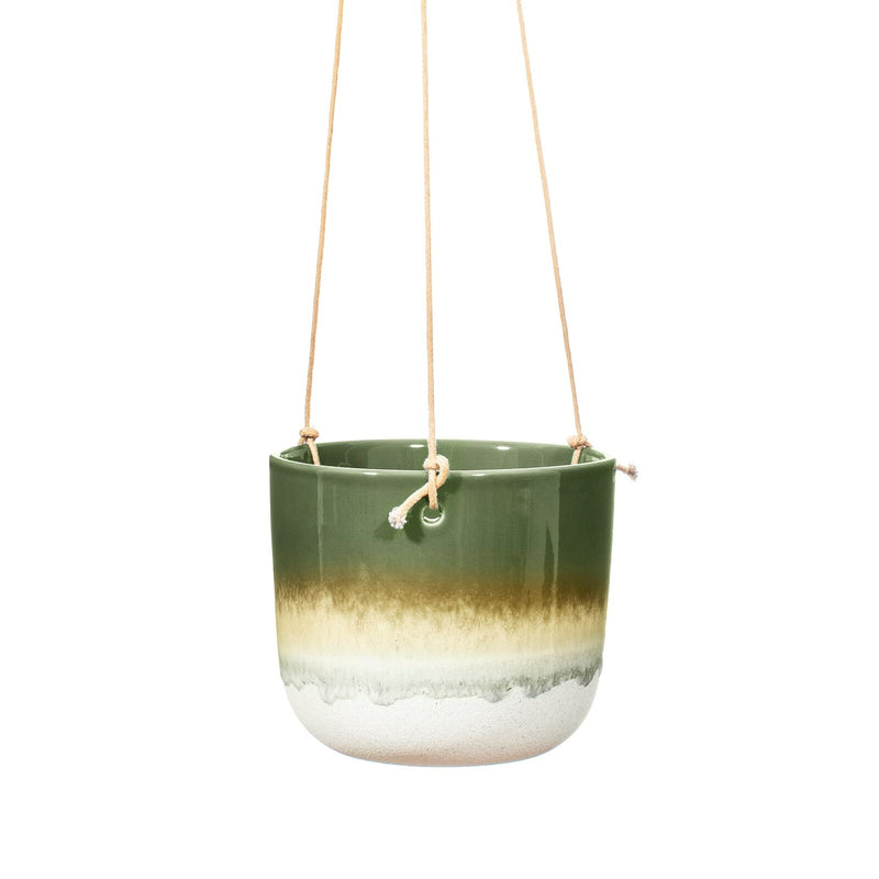 Sass & Belle Mojave Glaze Green Hanging Planter With Rope For Hanging