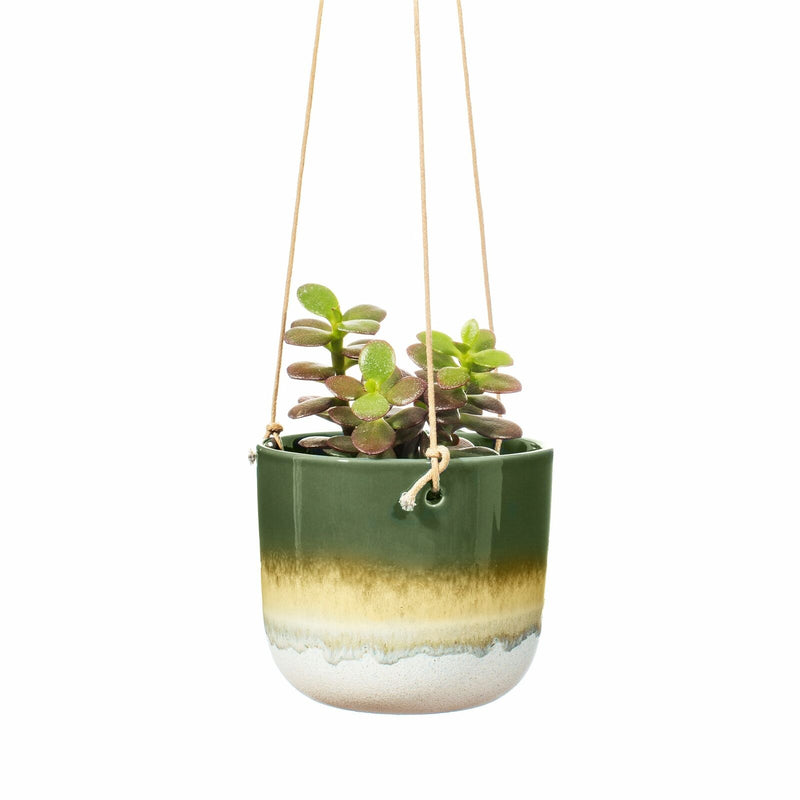 Sass & Belle Mojave Glaze Green Hanging Planter With Rope For Hanging