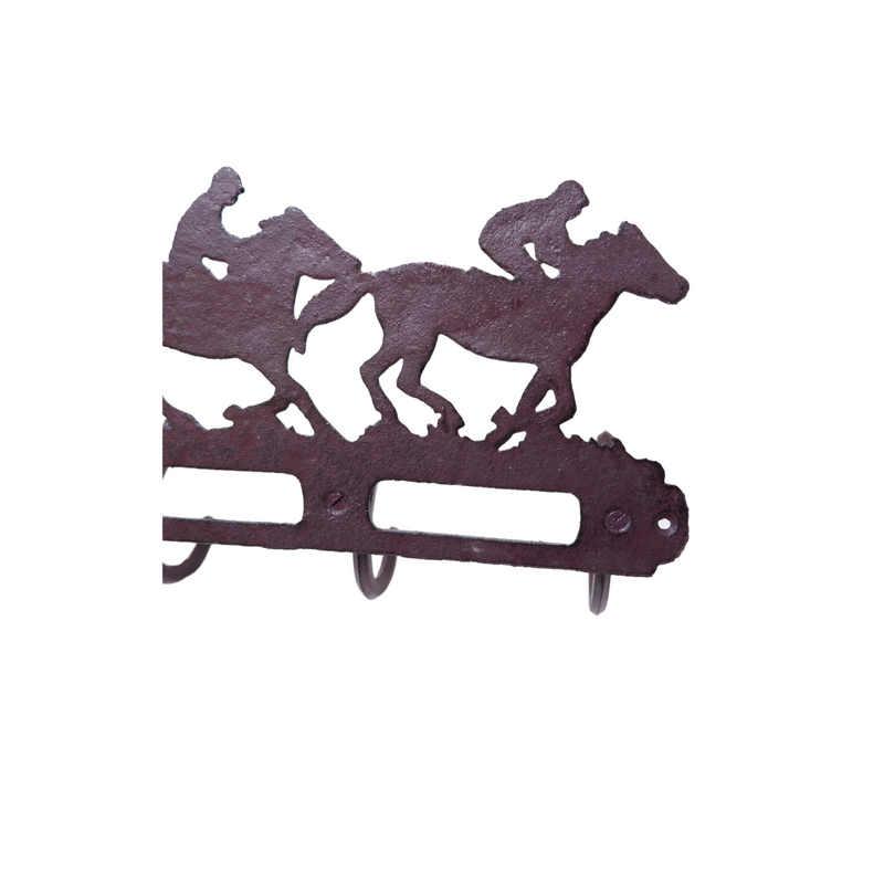 Cast Iron Race Horse & Jockey Coat Key Wall Rack  4 Hooks Pegs Stable Wall House