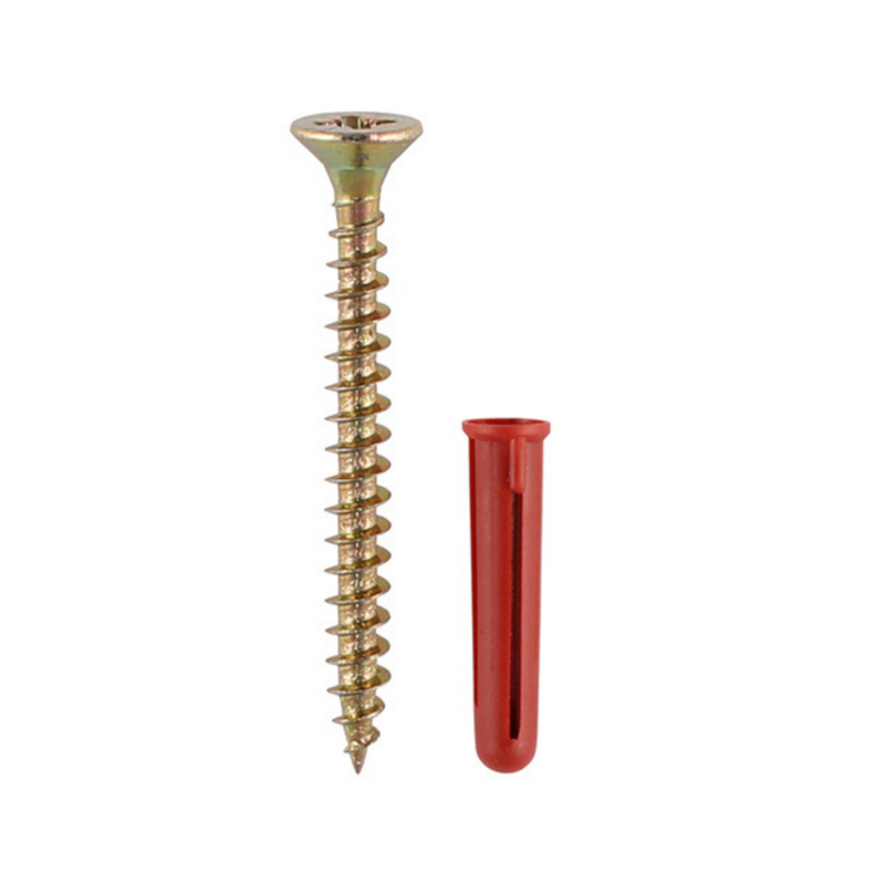 TIMco Red Plastic Plugs with Screws, 30mm Red Plug, 4.0x40mm Screw - 25 Pack