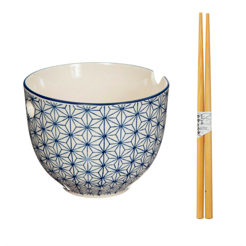 Sass & Belle Blue Pattern Sashiko Noodle Bowl with Chopsticks Takeaway Dining