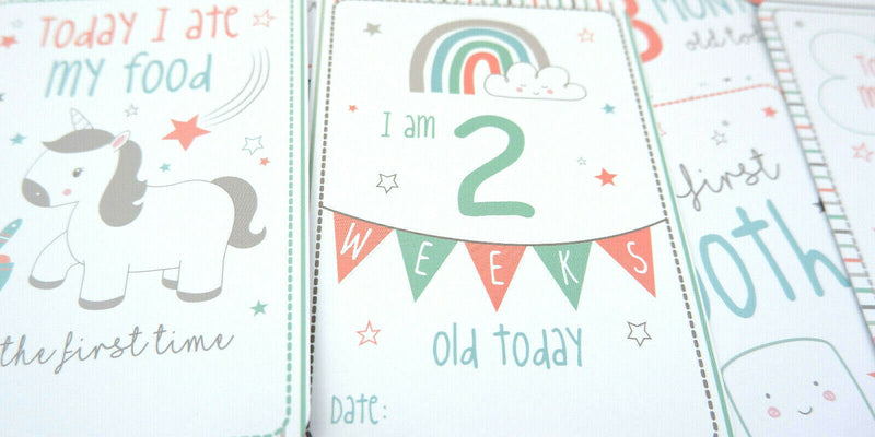16 EVIE UNICORN NEW BABY 1ST YEAR MILESTONE CARDS GREY GENDER NEUTRAL