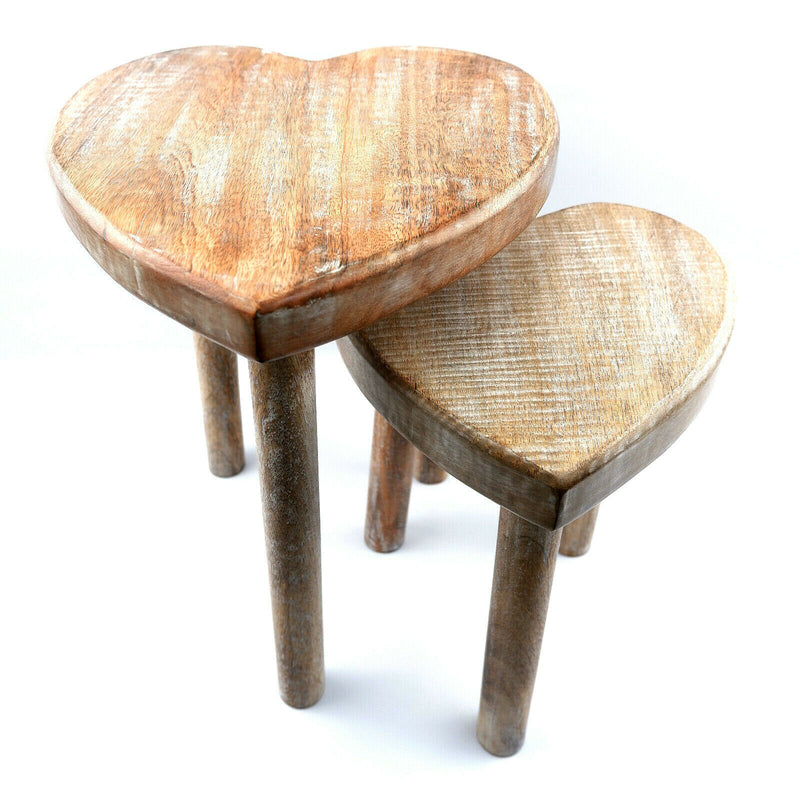 Sass & Belle Set of 2 Heart Wooden Stool Table Living Room Bedroom Rustic Gift