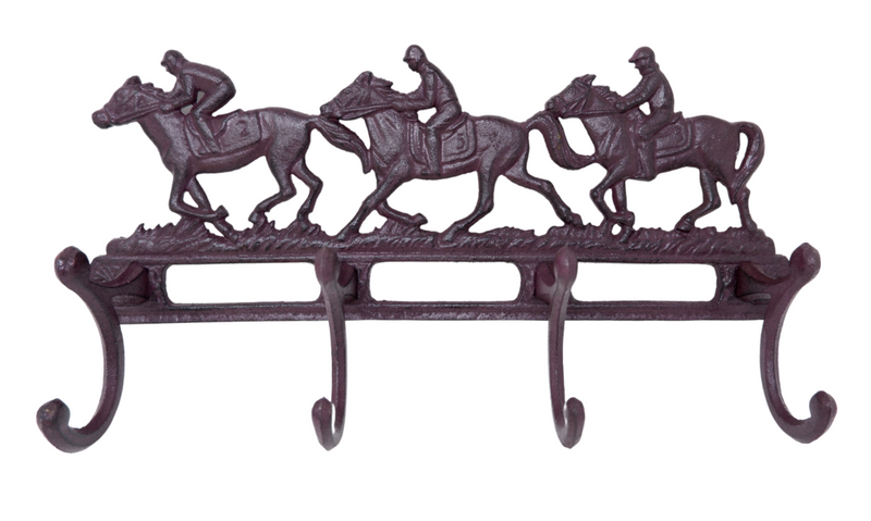 Cast Iron Race Horse & Jockey Coat Key Wall Rack  4 Hooks Pegs Stable Wall House