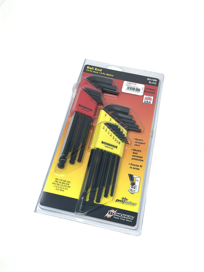 BONDHUS BLX22 20199 13-Piece Inch & 9-Piece Metric Ball Ended Allen Hex Key Set USA Made