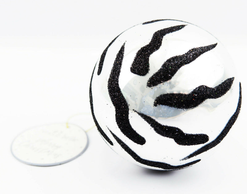 Set of four Glitter Zebra Print Safari Glass Christmas Bauble Decoration 8cm B&W