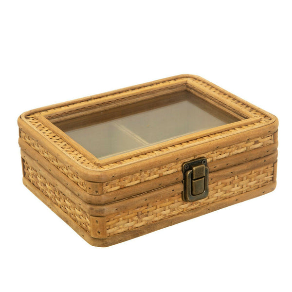 Sass & Belle Rattan Jewellery Box with Glass Lid Window Necklace Rings Storage