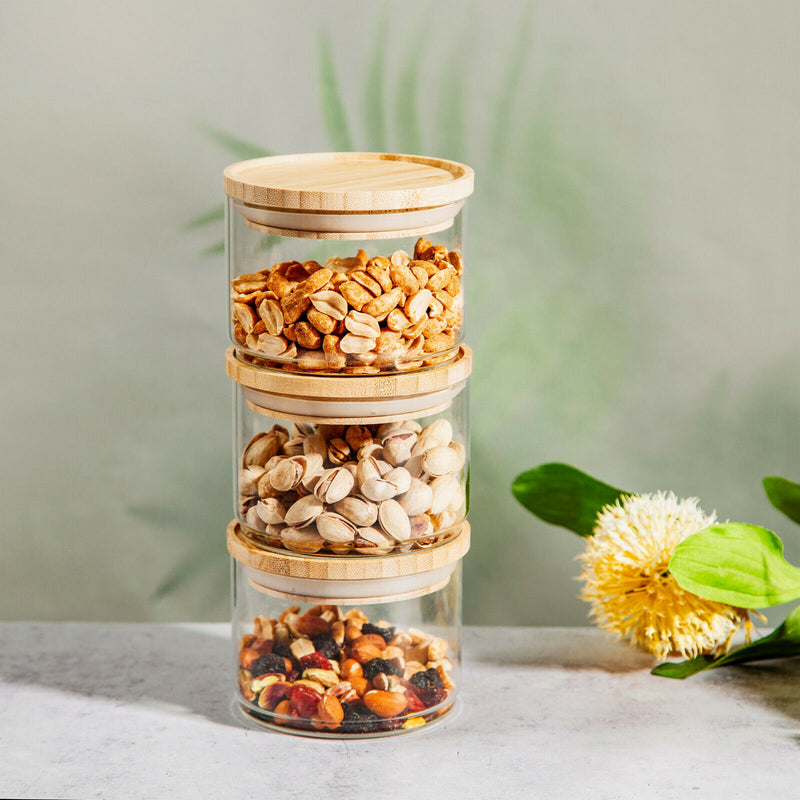 Sass & Belle Three Stacking Glass Kitchen Storage Jars with Natural Bamboo Lid