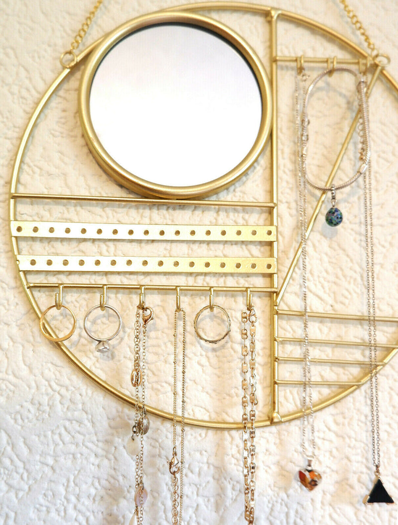 Abstract Gold Jewellery Hanger with Mirror Bedroom Necklace Earring Display Ring