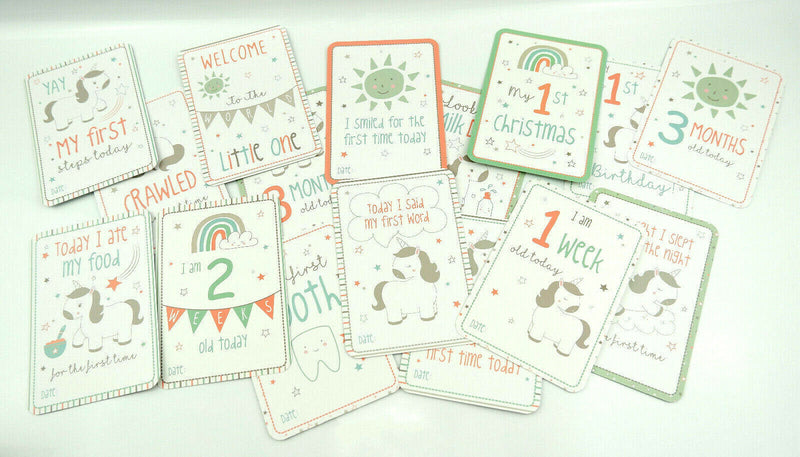 16 EVIE UNICORN NEW BABY 1ST YEAR MILESTONE CARDS GREY GENDER NEUTRAL