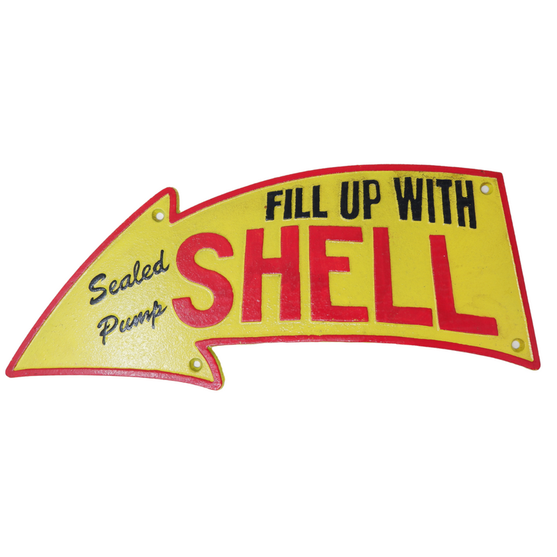 Cast Iron Fill Up With Shell Curved Arrow Sign Wall Plaque Garage Petrol Logo