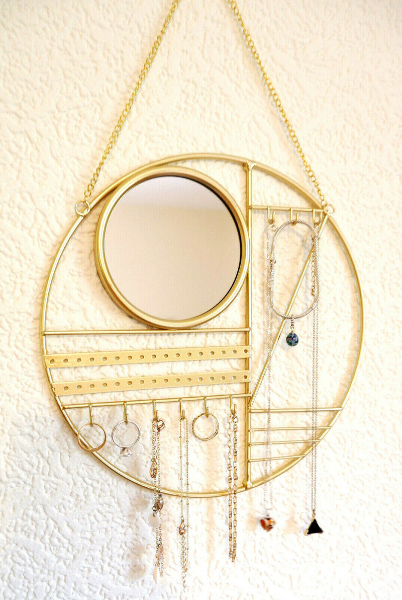 Abstract Gold Jewellery Hanger with Mirror Bedroom Necklace Earring Display Ring