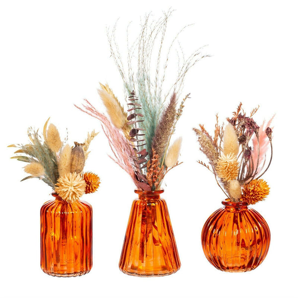 Sass and Belle Set of Three Amber Glass Bud Vases Rose Pot Holder Decor Vintage