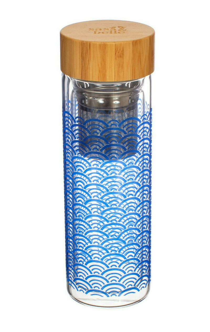 Sass & Belle Blue Wave Glass Water Bottle with infuser Travel Tea Bamboo Lid