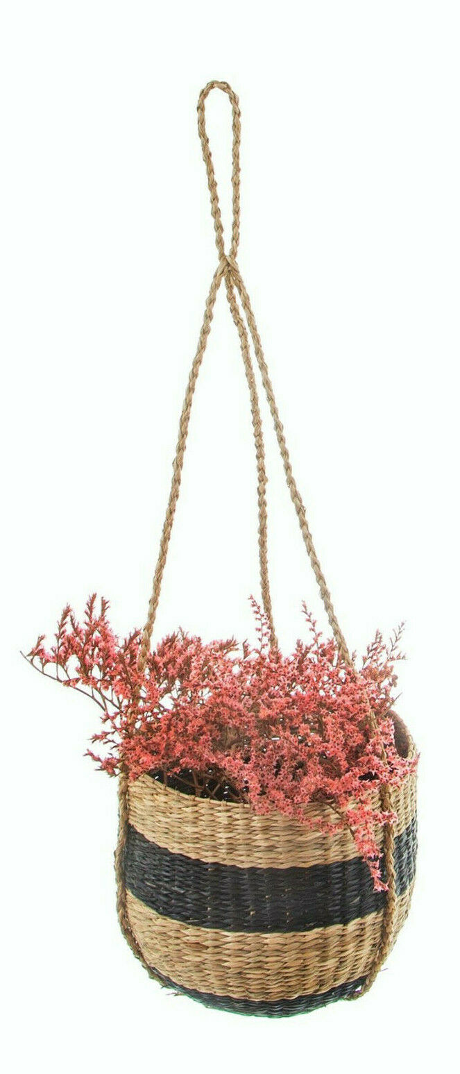 Sass and Belle Scandi Boho Black Stripe Seagrass Hanging Planter Gift Plant Home