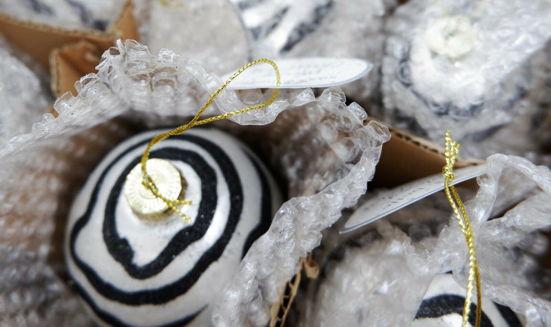 Set of four Glitter Zebra Print Safari Glass Christmas Bauble Decoration 8cm B&W