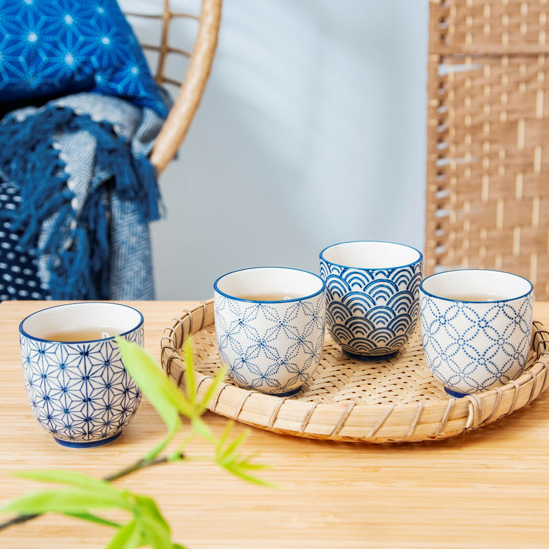 SASS & BELLE SASHIKO PATTERN CUPS YUNOMI ASSORTED SET OF 4 DINING KITCHEN TEA