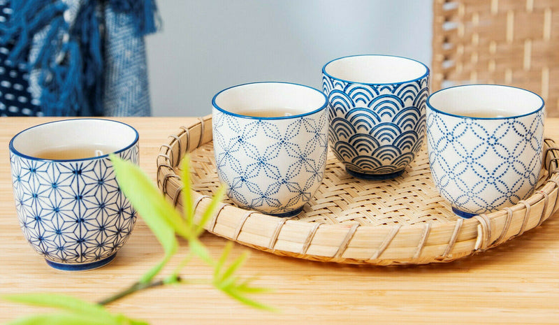 SASS & BELLE SASHIKO PATTERN CUPS YUNOMI ASSORTED SET OF 4 DINING KITCHEN TEA