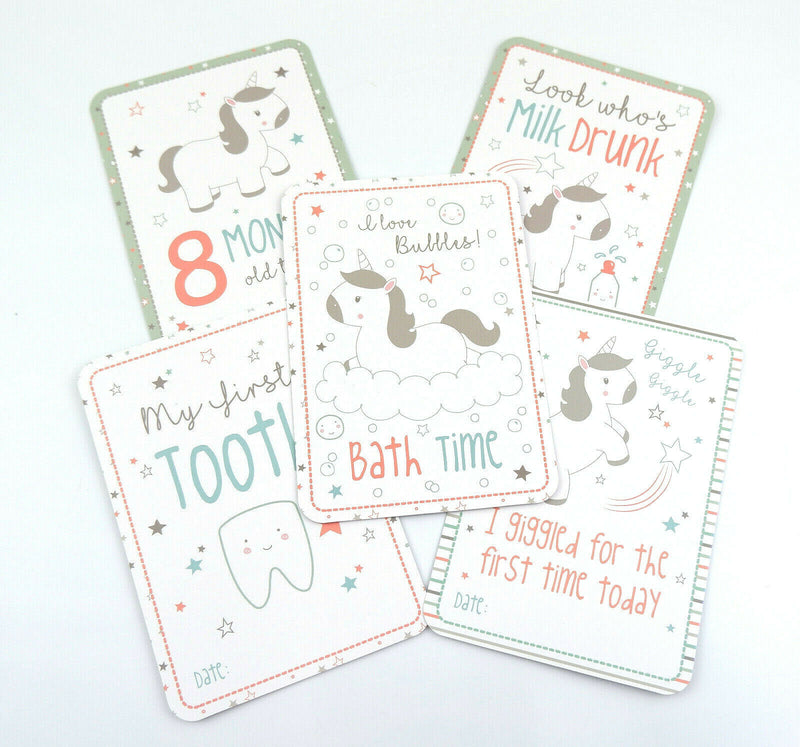 16 EVIE UNICORN NEW BABY 1ST YEAR MILESTONE CARDS GREY GENDER NEUTRAL