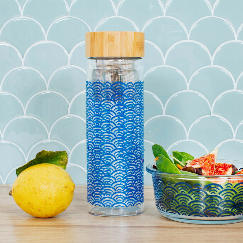 Sass & Belle Blue Wave Glass Water Bottle with infuser Travel Tea Bamboo Lid