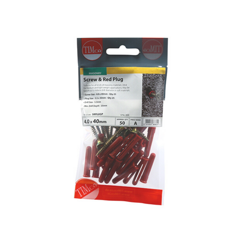 TIMco Red Plastic Plugs with Screws, 30mm Red Plug, 4.0x40mm Screw - 25 Pack