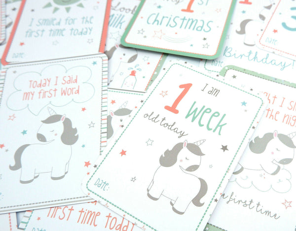 16 EVIE UNICORN NEW BABY 1ST YEAR MILESTONE CARDS GREY GENDER NEUTRAL