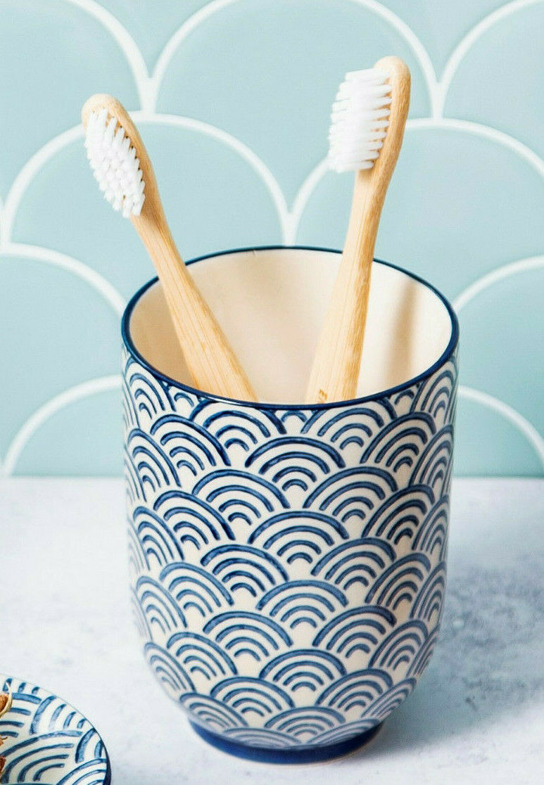 Sass & Belle Blue Wave Sashiko Pattern Tumbler Bathroom Toothbrush Holder